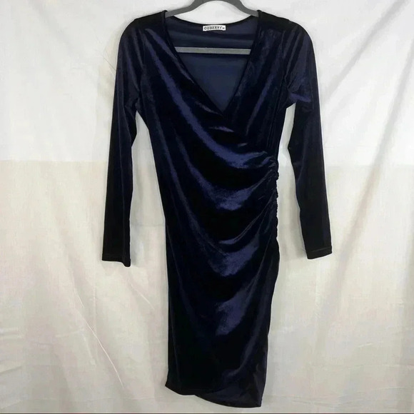 GUBBERRY Womens Velvet Wrap Dress Navy Blues Long Sleeve VNeck Bodycon Ruched M - Picture 2 of 13